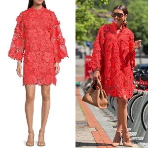 NWT J.Marie Seraphina Floral 3D Lace Split Round Button Up Neck Shift Dress Sz L